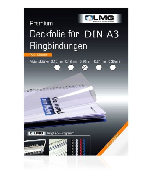 LMG Deckfolien für Bindemappen PREMIUM transparent, DIN A3 0,2 mm, 100 St.
