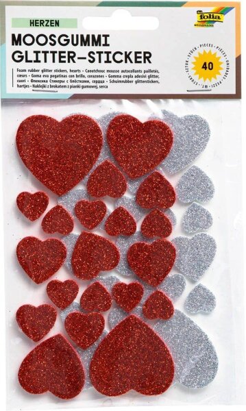 folia Moosgummi Glitter Herzen rot und silber 40 St.