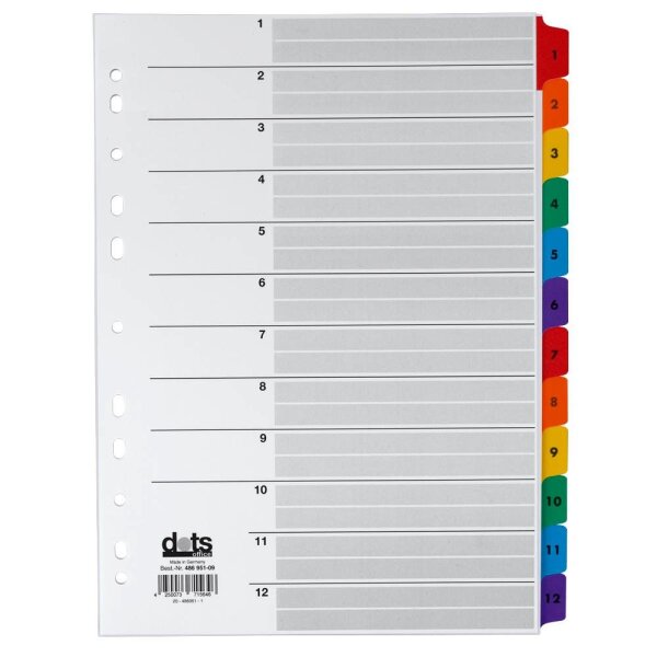 dots Ordnerregister Mylar DIN A4 Vollformat 1-12 farbig 12-teilig, 1 Satz