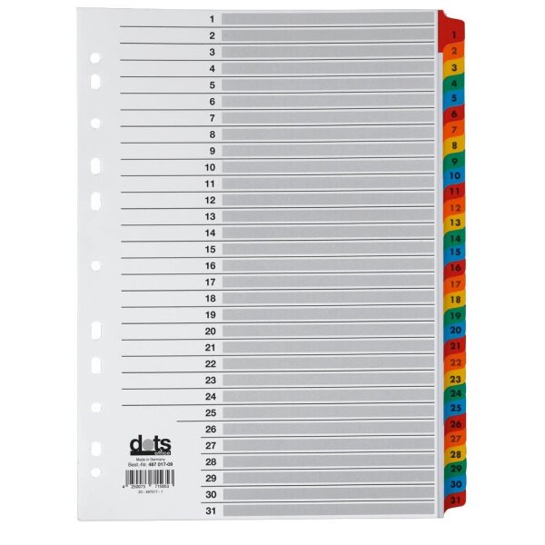 dots Ordnerregister Mylar DIN A4 Vollformat 1-31 farbig 31-teilig, 1 Satz
