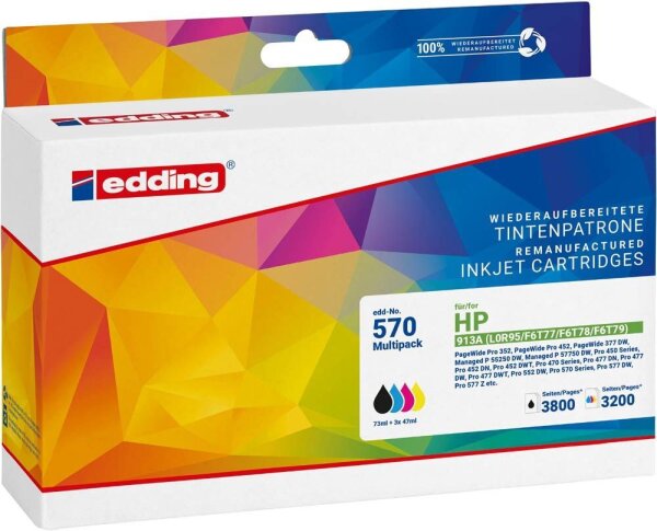 edding EDD-570 schwarz, cyan, magenta, gelb Druckerpatronen kompatibel zu HP 913A (L0R95AE, F6T77AE, F6T78AE, F6T79AE), 4er-Set