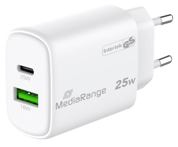 MediaRange 25W USB A/USB C Quick Charge Ladeadapter weiß, 25 Watt