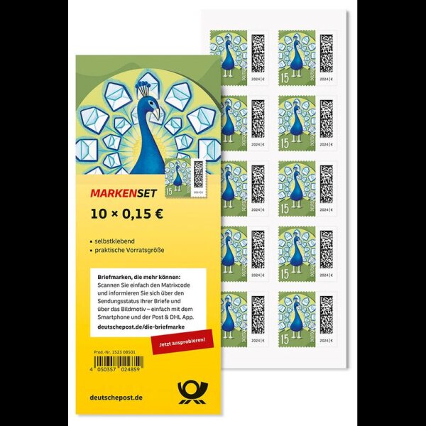 Deutsche Post 0,15 € Briefmarken "Briefpfau" selbstklebend, 10 St.