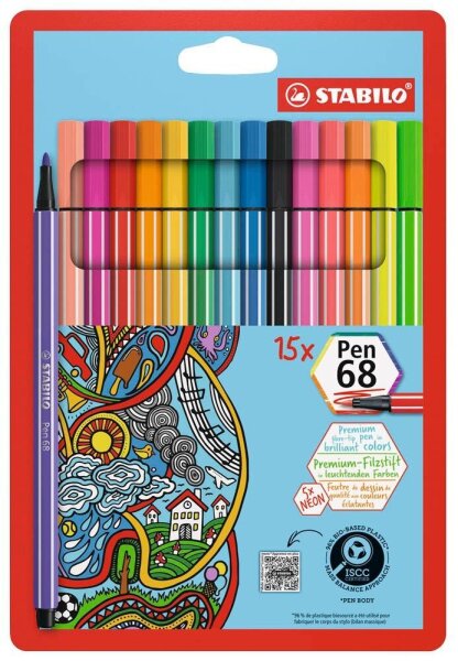 STABILO Pen 68 Filzstifte farbsortiert, 15 St.
