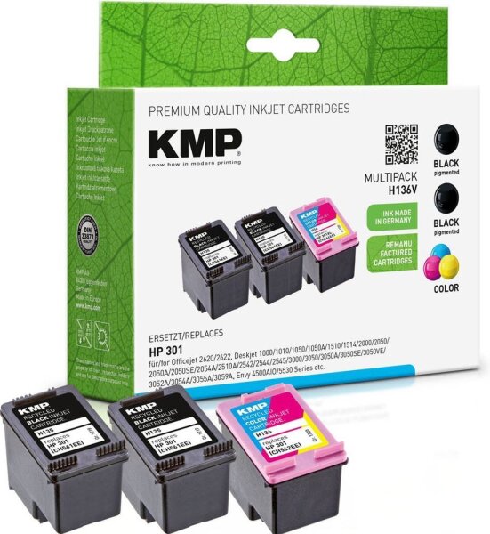 KMP H136V schwarz, color Druckerpatronen kompatibel zu HP 301 (E5Y87EE), 3er-Set