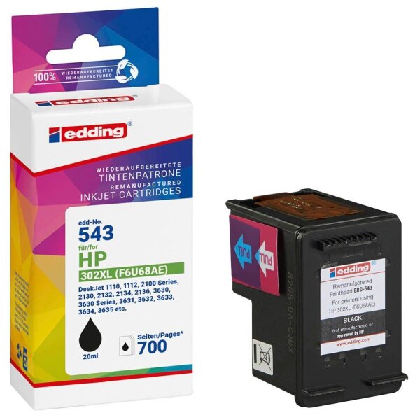 edding EDD-543 schwarz Druckerpatrone kompatibel zu HP 302XL (F6U68AE)