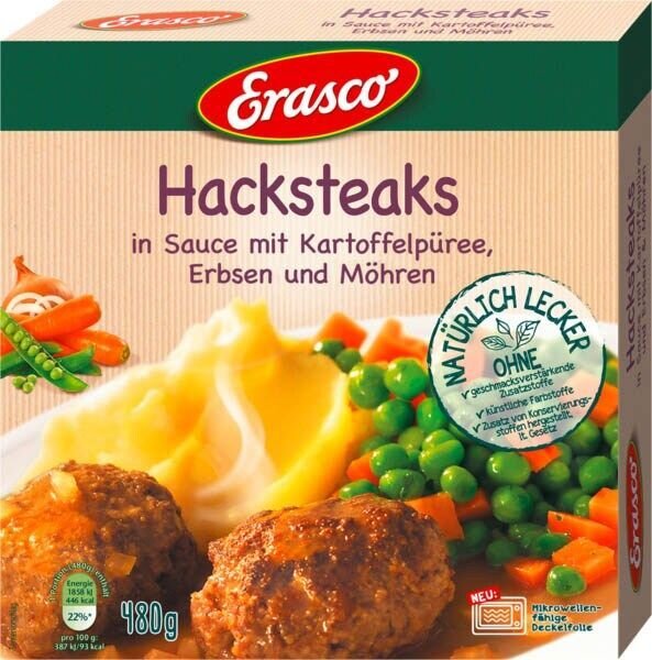 Erasco Hacksteaks in Sauce mit Kartoffelpüree, Erbsen und Möhren, 1 St.