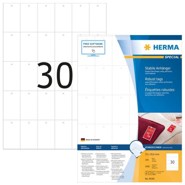 HERMA Hängeetiketten SPECIAL weiß 35,0 x 59,4 mm perforiert, nicht klebend, 3.000 Etiketten
