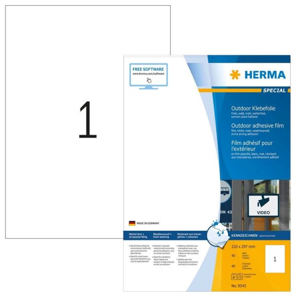 HERMA Folien-Kraftklebe-Etiketten 9543 weiß 210,0 x 297,0 mm, 40 Blatt