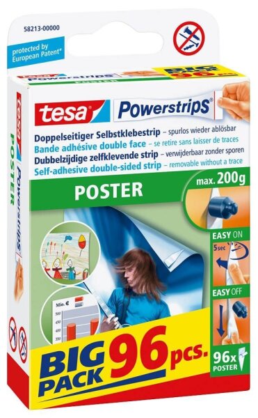tesa Powerstrips POSTER Klebestreifen für max. 200,0 g, 1,5 x 4,5 cm, 96 St.