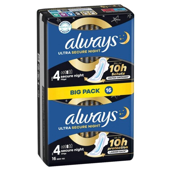 always Binden Ultra Secure Night mit Flügeln für Frauen, 16 St.