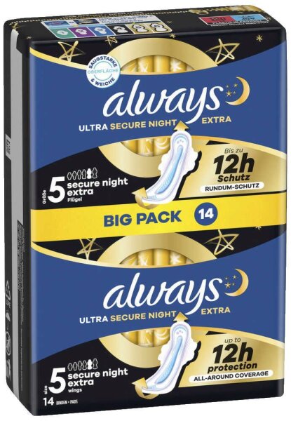 always Binden Ultra Secure Night Extra mit Flügeln für Frauen, 14 St.