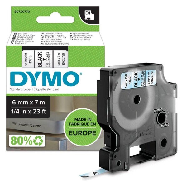 DYMO Schriftband D1 43610 S0720770, 6 mm, schwarz auf transparent, 1 St.