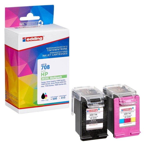 edding EDD-708 schwarz, color Druckerpatronen kompatibel zu HP 303XL (T6N04AE/T6N03AE), 2er-Set