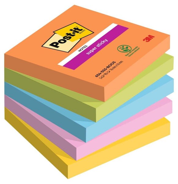 Post-it® Super Sticky Boost Haftnotizen extrastark farbsortiert, 5 Blöcke