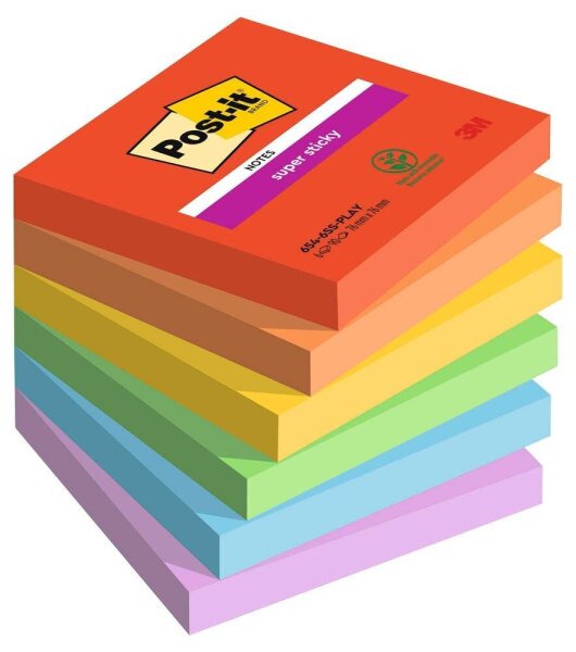 Post-it® Super Sticky Playful Haftnotizen extrastark farbsortiert, 6 Blöcke