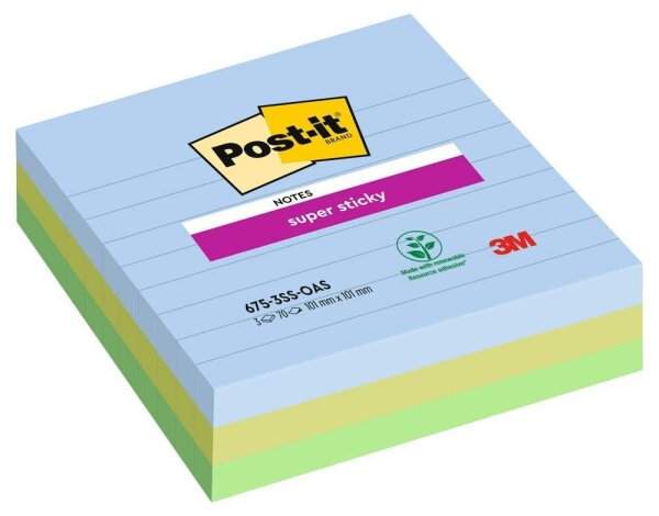Post-it® Super Sticky Oasis Haftnotizen extrastark farbsortiert, 3 Blöcke