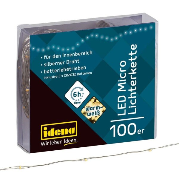 Idena 100er Micro LED Lichterkette silber 10,2 m