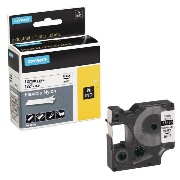 DYMO Schriftband RHINO  18488, 12 mm, schwarz auf weiß, 1 St.