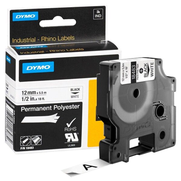 DYMO Schriftband RHINO  18483, 12 mm, schwarz auf weiß, 1 St.