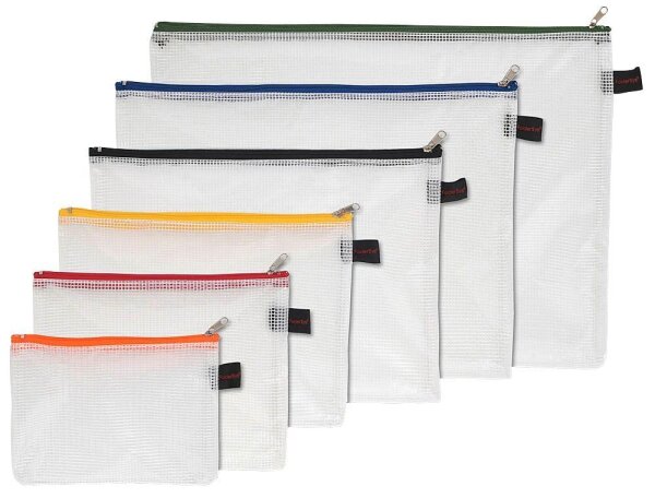 FolderSys Reißverschlussbeutel je 1x A6, B6, A5, B5, A4, B4 transparent/farbsortiert 0,15 mm, 6 St.