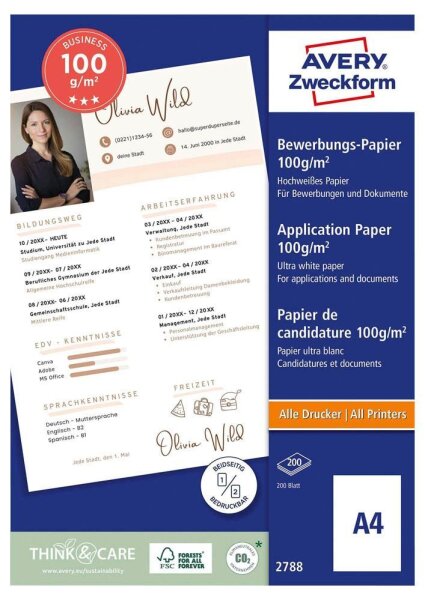 AVERY Zweckform Inkjetpapier InkJet Bewerbungspapier  DIN A4 100 g/qm 200 Blatt