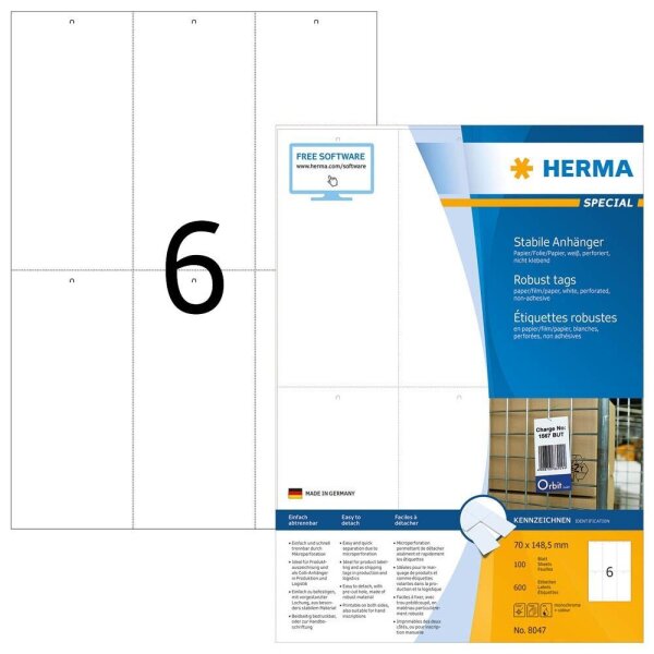 HERMA Hängeetiketten weiß 70,0 x 148,5 mm blanko, 100 Blatt