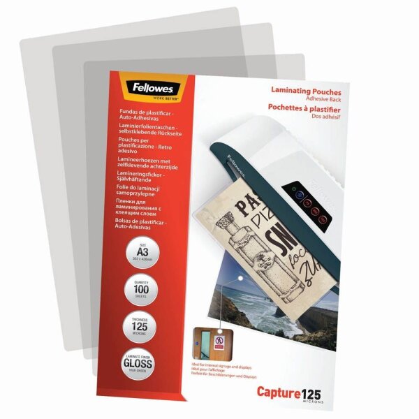Fellowes Laminierfolien Capture125 glänzend für A3 125 micron selbstklebender Rücken, 100 St.
