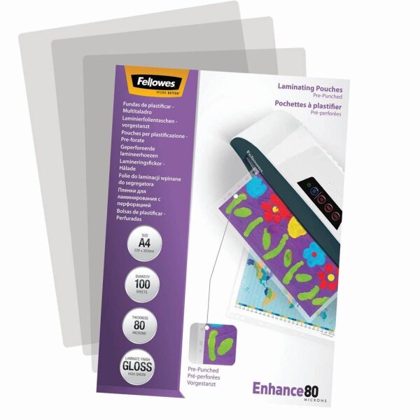 Fellowes Laminierfolien Enhance80 glänzend für A4 80 micron Universal-Lochung, 100 St.