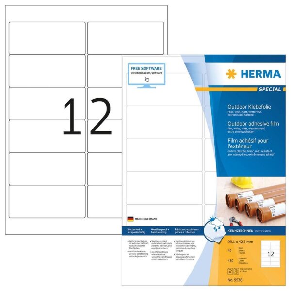 HERMA Folien-Kraftklebe-Etiketten 9538 weiß 99,1 x 42,3 mm, 40 Blatt