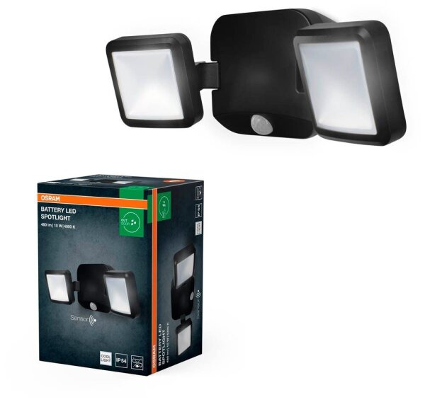 OSRAM LED-Außenleuchte mit Dämmerungssensor und Bewegungsmelder Battery LED Spotlight Double, schwarz 10 W, 1 St.