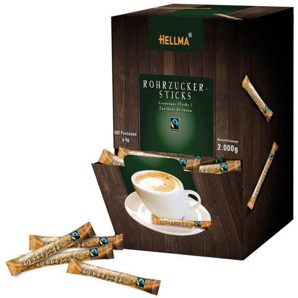 HELLMA  Fairtrade Rohrohrzucker-Sticks, 500x4,0 g