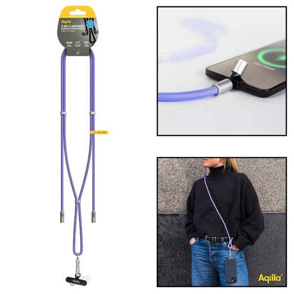 Aqiila® LANYARD Handykette Ladekabel lila, Kabellänge: 0,3 - 1,5 m, 60 Watt