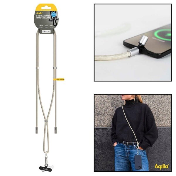 Aqiila® LANYARD Handykette Ladekabel sand, Kabellänge: 0,3 - 1,5 m, 30 Watt