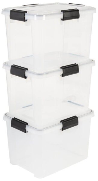 IRIS Ohyama Water Proof Aufbewahrungsboxen 3x 20,0 l transparent, schwarz 29,0 x 39,0 x 26,0 cm, 3 St.