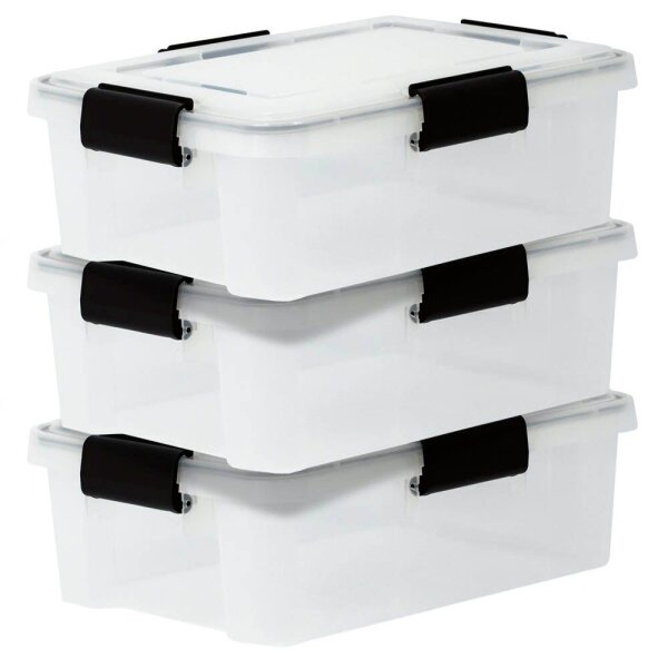 IRIS Ohyama Water Proof Aufbewahrungsboxen 3x 10,0 l transparent, schwarz 29,0 x 39,0 x 14,6 cm, 3 St.