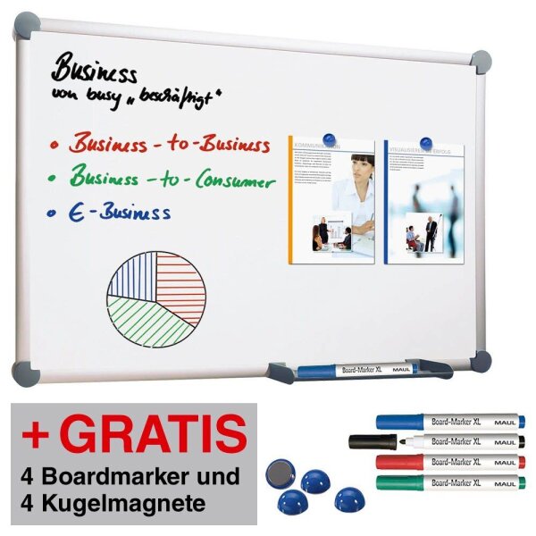 AKTION: MAUL Whiteboard 2000 MAULpro 200,0 x 100,0 cm weiß emaillierter Stahl + GRATIS 4 Boardmarker farbsortiert und 4 Kugelmagnete blau