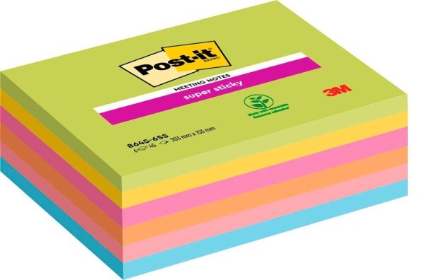 Post-it® Super Sticky Meeting Notes Haftnotizen extrastark farbsortiert, 6 Blöcke
