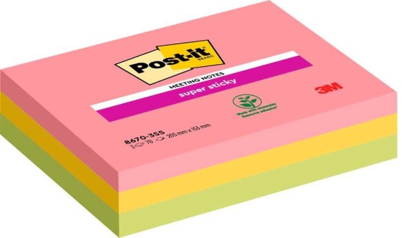 Post-it® Super Sticky Meeting Notes Haftnotizen extrastark farbsortiert, 3 Blöcke