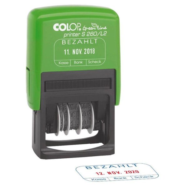 COLOP Datumstempel mit Text "Bezahlt" Green Line Printer 260/L selbstfärbend bla