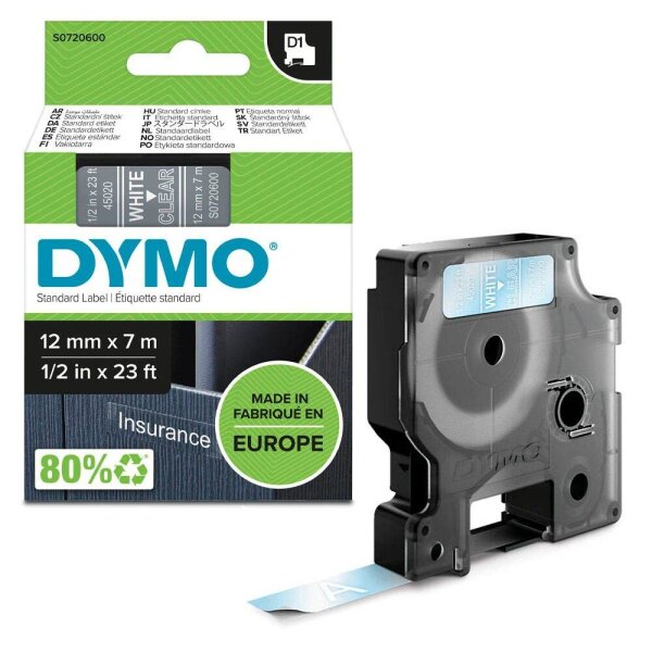 DYMO Schriftband D1 S0720600, 12 mm, weiß auf transparent, 1 St.