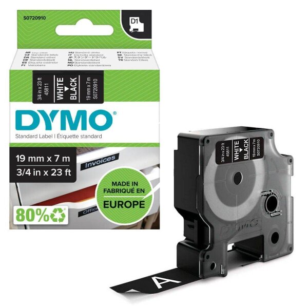 DYMO Schriftband D1 45811 S0720910, 19 mm, weiß auf schwarz, 1 St.