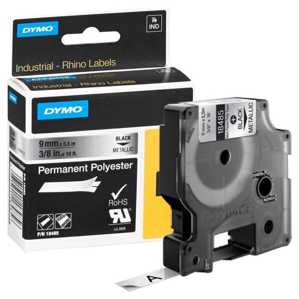 DYMO Schriftband RHINO  18485, 9 mm, schwarz auf silber, 1 St.