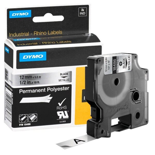 DYMO Schriftband RHINO  18486, 12 mm, schwarz auf silber, 1 St.