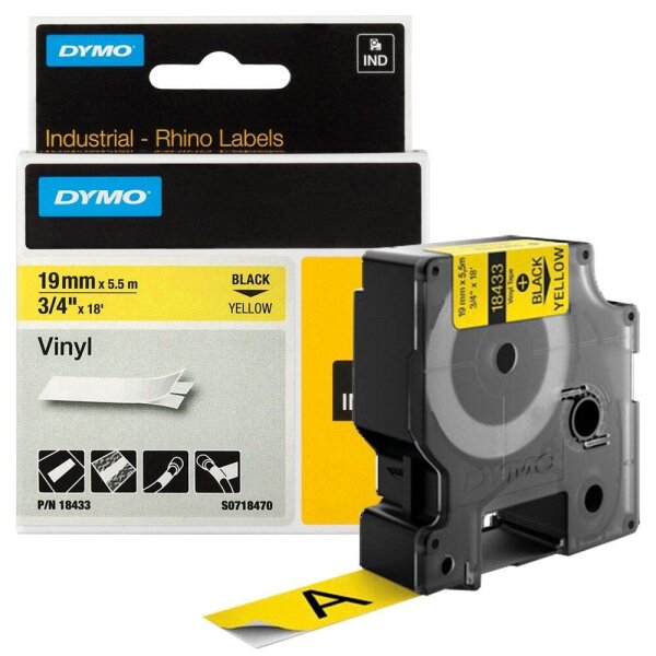 DYMO Schriftband RHINO  18433, 19 mm, schwarz auf gelb, 1 St.