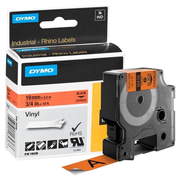 DYMO Schriftband RHINO  18436, 19 mm, schwarz auf orange, 1 St.