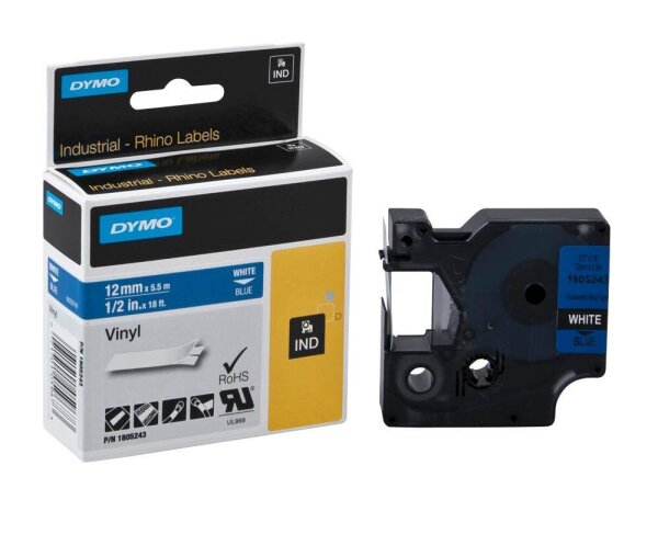 DYMO Schriftband RHINO  1805243, 12 mm, weiß auf blau, 1 St.
