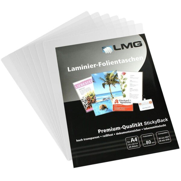 LMG Laminierfolien glänzend für A4 80 micron selbstklebender Rücken, 25 St.