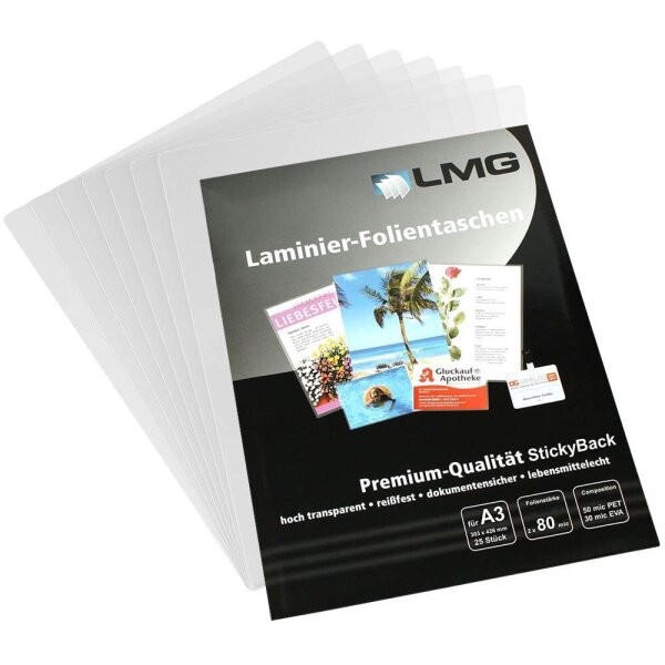 LMG Laminierfolien glänzend für A3 80 micron selbstklebender Rücken, 25 St.