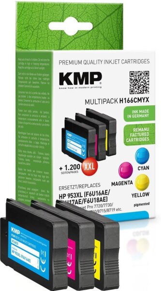 KMP H166CMYX cyan, magenta, gelb Druckerpatronen kompatibel zu HP 953XL (F6U16AE/F6U17AE/F6U18AE), 3er-Set